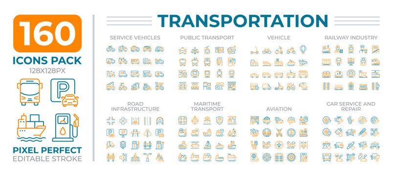 Transportation two color line icons set collection. Road service. System of passengers and cargoes carrying bicolor outline mega pack isolated, pixel perfect. Duotone thin lineart. Editable stroke