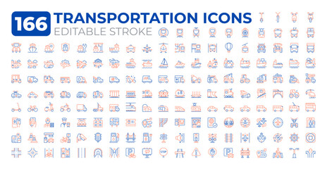 Transportation industry two color line icons set. Road infrastructure development. Traffic flows regulation service bicolor outline mega pack isolated. Duotone thin lineart. Editable stroke