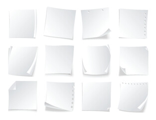 Collection of Realistic Blank White Paper Notes with Curled Corners and Shadows.