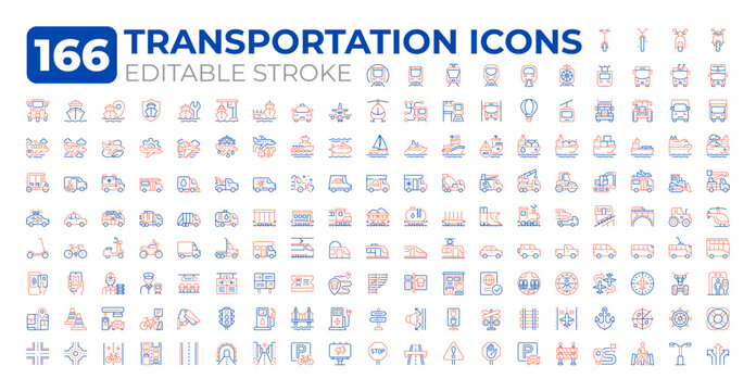 Transportation industry two color line icons set. Road infrastructure development. Traffic flows regulation service bicolor outline mega pack isolated. Duotone thin lineart. Editable stroke