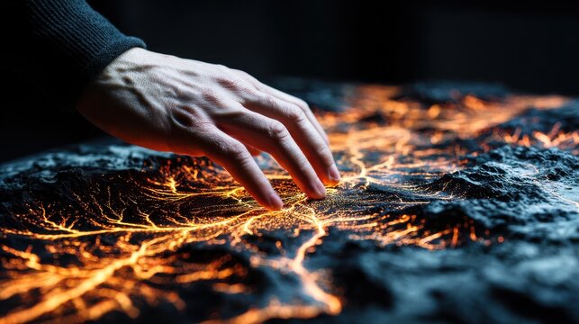 a persons hand manipulating a futuristic holographic topographic map the illuminated digital landscape displays intricate details with orange light pathways utilized for strategic analysis and geogra - Powered by Adobe