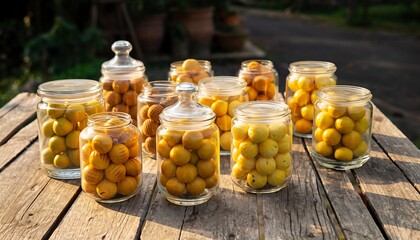 Wide composition of traditional jars filled with kastengel, nastar, putri salju, and lidah kucing cookies, neatly arranged on a wooden table, festive Indonesian Eid atmosphere.