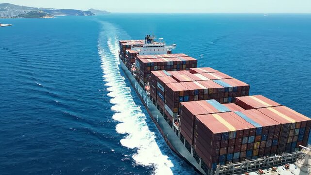 Large cargo ship with containers on deck sailing through deep blue ocean water on a clear sunny day