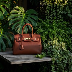 Elegant brown leather handbag rests on a weathered wooden surface surrounded by lush green foliage.