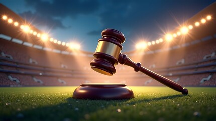 view of changing justice awaits with a gavel resting on the field in a stadium scene at night