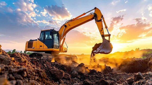 Heavy excavator digging on construction site at sunset with beautiful sky.