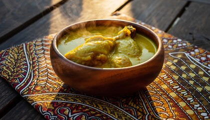Creamy yellow opor ayam served in a rustic bowl with subtle steam rising, placed on a batik table mat, warm traditional Indonesian cuisine scene for festive and culinary use.