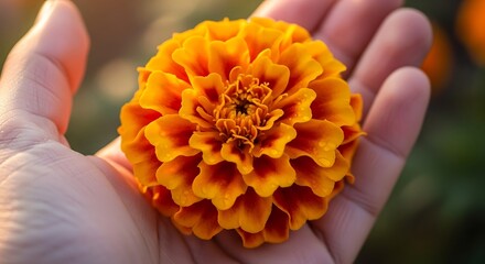 Vibrant marigold blossom showcased gently in the human palm macro shot