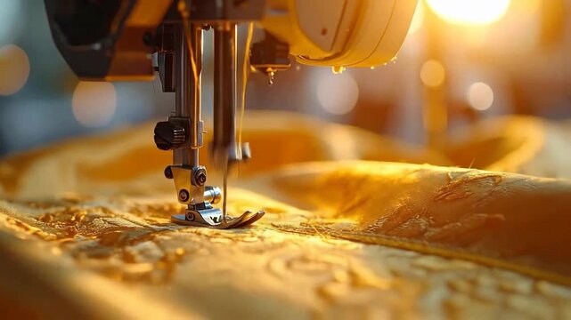 Close-up of sewing machine stitching golden fabric, creating intricate patterns under warm light.