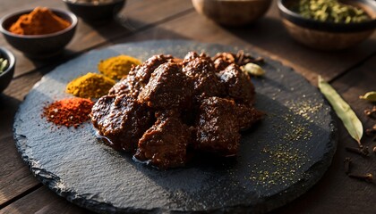 Dark rich beef rendang served on a stone plate with glossy texture, traditional spices scattered around, moody warm lighting highlighting authentic Indonesian cuisine.