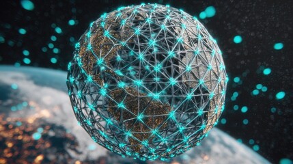 a futuristic visualization of a network of virtual connections enveloping a globe set against a deep blue cosmic backdrop