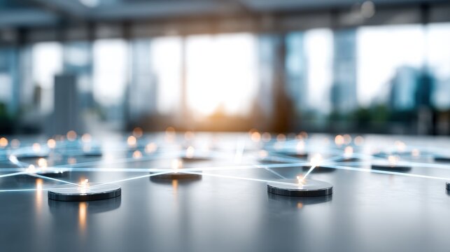 a modern office desk with a network of illuminated nodes and connecting lines representing digital connectivity and information exchange - Powered by Adobe
