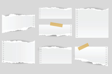 Collection of various blank torn paper pieces with adhesive tape.