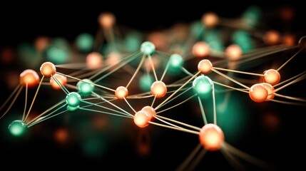 a dynamic network of illuminated nodes connecting in a dimly lit office for data sharing