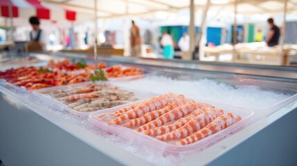 vibrant market stall displaying an assortment of fresh seafood including fish shrimp and peppers perfect for food enthusiasts and culinary inspiration