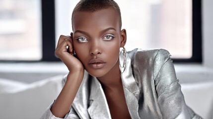 a modern woman in a shiny metallic suit with luminous eyes embracing a hightech innovation concept