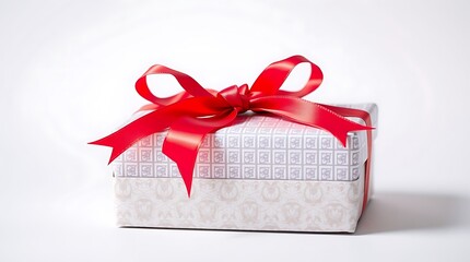 Elegant white gift box with subtle geometric pattern and a vibrant red satin ribbon bow on a clean white background Valentine day