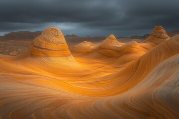 Golden hour illuminates sculpted sandstone formations under a dramatic, cloudy sky