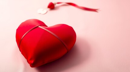 Large red heart-shaped gift box or cushion wrapped with a thin red ribbon on a soft pink background for Valentine's Day Valentine day