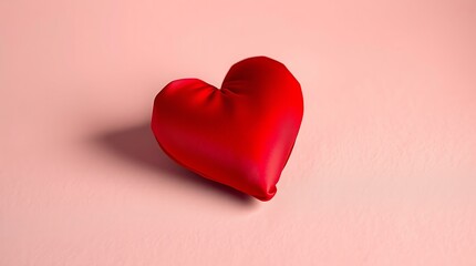 Soft red satin heart-shaped pillow or cushion on a pale pink surface, simple romantic symbol for Valentine's Day Valentine day