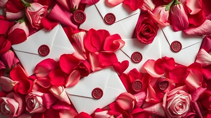 Romantic white envelopes with red wax seals scattered among fresh red and pink rose petals for a love letter concept Valentine day