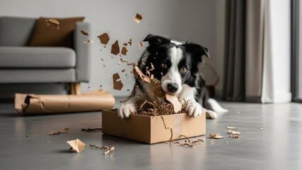 段ボール箱を噛んで遊ぶボーダーコリーの室内写真