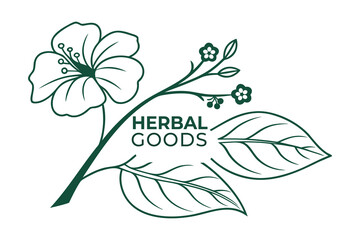 Minimalist Botanical Hibiscus Logo, Hand-Drawn Line Art Floral Emblem with Green Leaves for Organic Herbal Brand