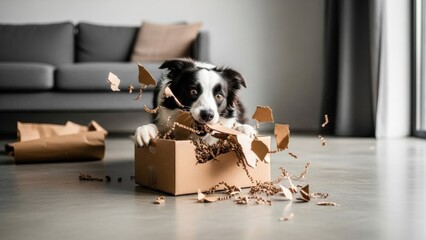 段ボール箱を噛んで遊ぶボーダーコリーの室内写真