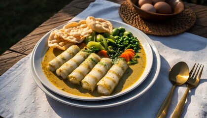 Lontong served in coconut curry broth with vegetables and crackers neatly arranged, traditional Indonesian table setting showcasing authentic flavors and festive local cuisine.