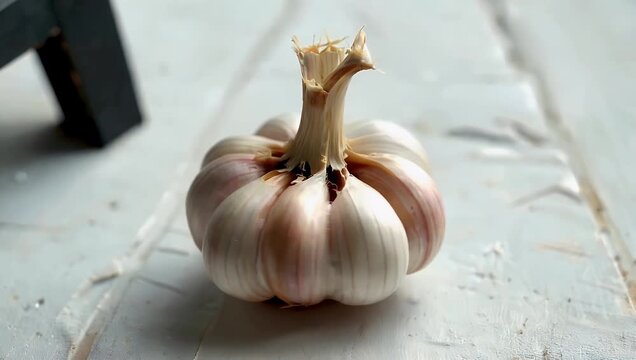 Minimalist 4K macro shot of single garlic clove rotating rapidly from end to end highlighting natural form texture culinary ingredient 