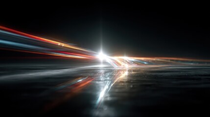 Dynamic image of blurred colorful streaks, reflective surface, and a bright central light