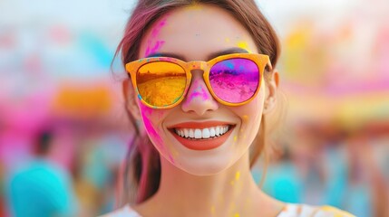 A smiling woman wearing colorful sunglasses with paint splashes on her face, enjoying a vibrant outdoor festival.