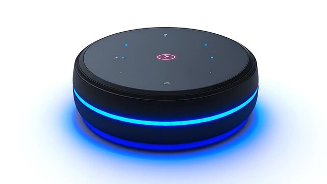 Black circular device with glowing lights and a forward-facing arrow button, on a white surface