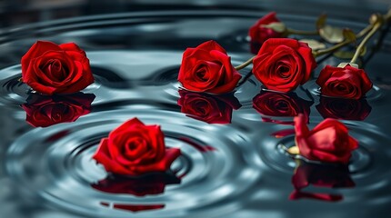 Red roses floating on dark rippling water with elegant reflections, romantic and moody floral background Valentine day