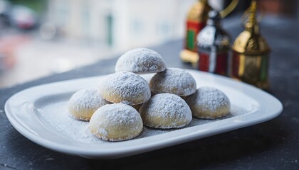 Snowy powdered sugar cookies on a ceramic plate under soft natural light, with subtle Eid festive decoration elements in the background creating a warm celebratory mood.