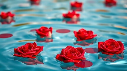 Vibrant red roses floating on turquoise blue water with gentle ripples, fresh and romantic floral scene Valentine day