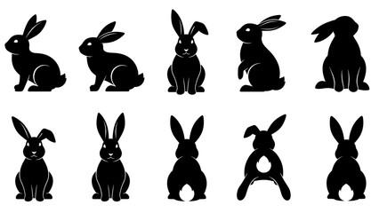 Easter bunny silhouette vector set, cute rabbit poses, black minimalist PNG for logos and Easter designs.
