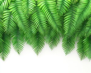 Fototapeta premium Lush, vibrant green fern fronds cascading over a plain white background, creating a natural border