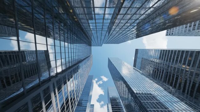 Worms eye view looking up at modern glass skyscrapers and connecting skybridge against a bright blue sky with clouds