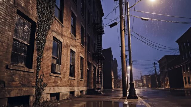 Moody, wet city street scene at night with old brick building, street lamp light, and steam rising from a manhole cover