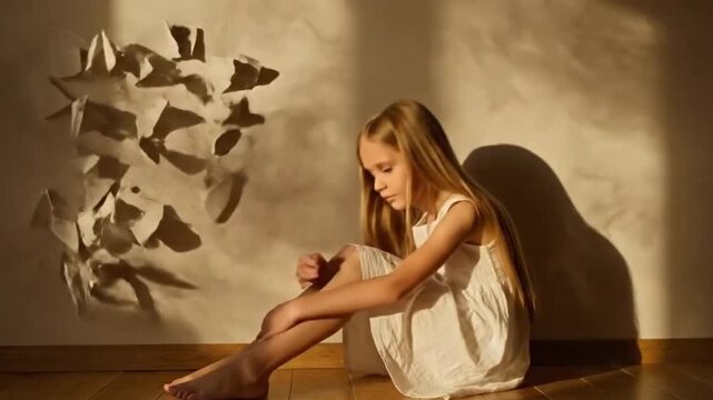 A young girl sits thoughtfully indoors, bathed in warm sunlight and casting shadows on the wall