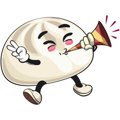 cute steamed bun bao mascot cartoon character illustration isolated blow the party horn trumpet, work of hand drawn