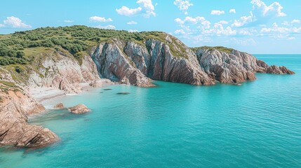Rugged cliffs meet turquoise water under a blue sky with clouds in a coastal landscape