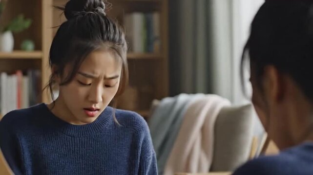 Young woman's face etched with worry and concern, contemplating a difficult situation in the comfort of her home, expressing deep emotional vulnerability