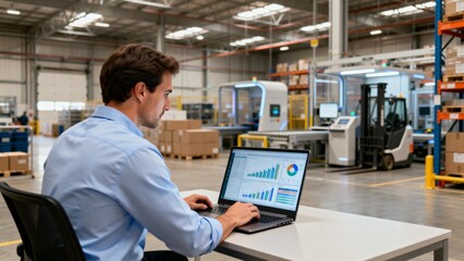 Man working on laptop in warehouse