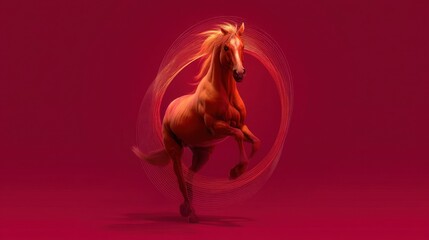 Majestic orange horse in dynamic motion with vibrant swirling effects against a deep red background showcasing grace and power