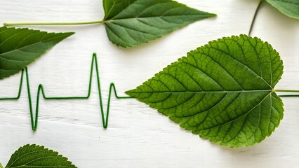 Green leaves with a digital heart rate pulse line symbol representing natural health organic wellness and ecological medicine. AI generated