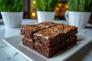 Stacked, square brownies on a white plate, with blurred green plants in the background