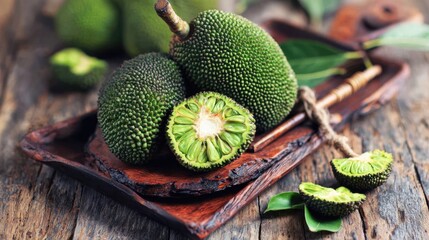 ripe jackfruit pieces displayed on a rustic wooden platter