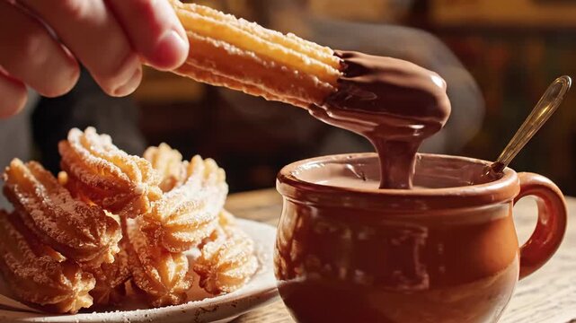Close up of golden churro being dipped into a mug of hot chocolate